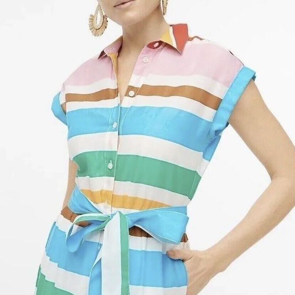 J.Crew Maxi Collared Shirt Dress Women Size 4 Turquoise White Stripe Midi Cotton - Picture 9 of 12